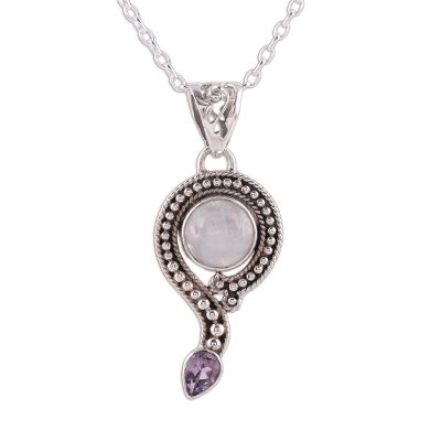 Rainbow Moonstone and Amethyst Pendant Necklace from India