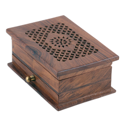 Handmade Floral Jali Acacia Wood Jewelry Box from India