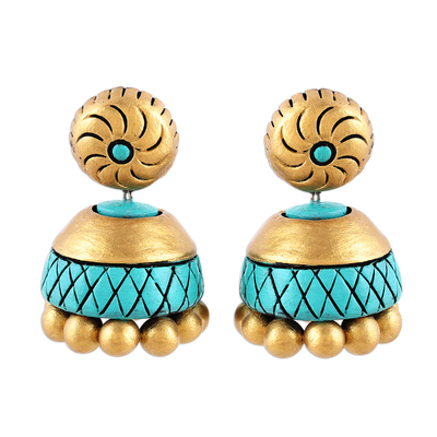 Ceramic Dangle Earrings in Gold and Turquoise from India