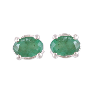 Faceted Green Oval Emerald Sterling Silver Stud Earrings