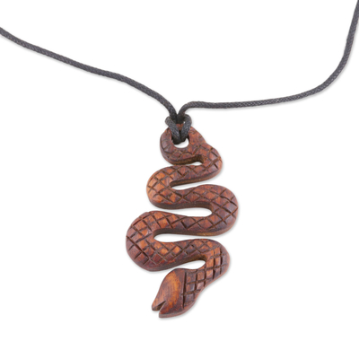 Hand Carved Ebony Wood Snake Pendant Necklace