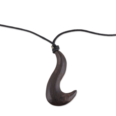 Hand Carved Ebony Wood Hook Pendant Necklace