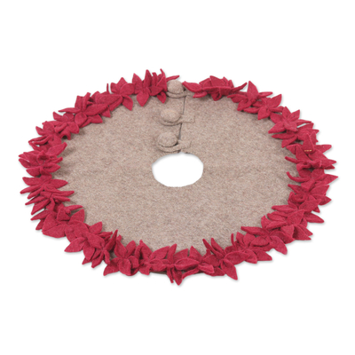 Floral Wool Felt Tree Skirt in Burgundy from India
