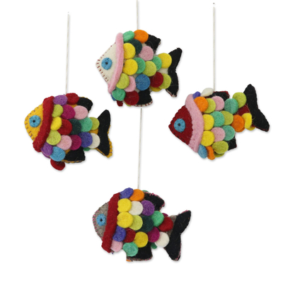 Set of Four Multicolored Wool Fish Ornaments from India
