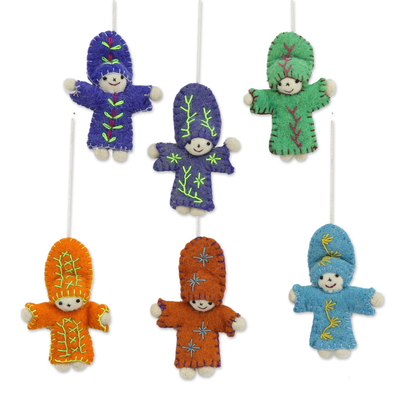 Six Colorful Wool Doll Ornaments from India
