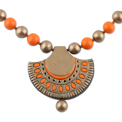 Gold and Orange Ceramic Ornate Fan Beaded Pendant Necklace