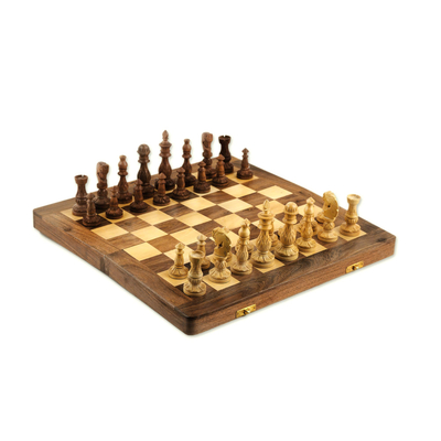 Floral Wood Chess Set with Playing Pieces and Storage