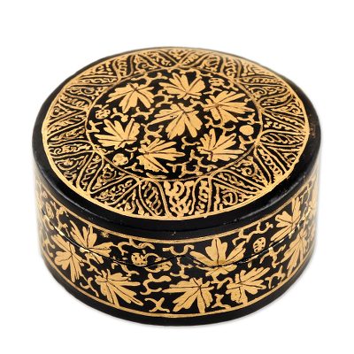 Hand-Painted Black and Metallic Gold Round Decorative Box