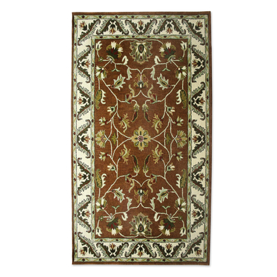 Brown and Ivory Floral Wool Area Rug (5x8) from India