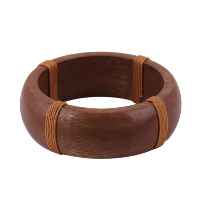 Handcrafted Brown Wood Bangle Bracelet with Cotton Cord Accents