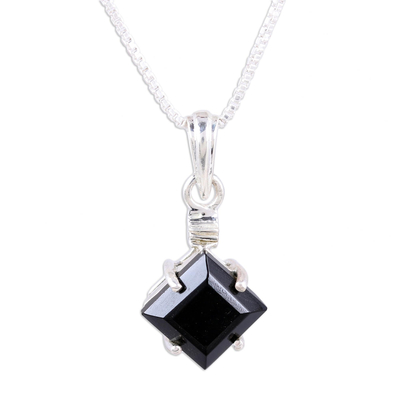 Faceted Square Onyx and Sterling Silver Pendant Necklace