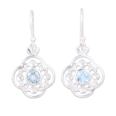 Blue Topaz Sterling Silver Rounded Flower Dangle Earrings