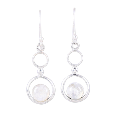 Rainbow Moonstone and Sterling Silver Circle Dangle Earrings