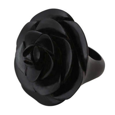 Hand-Carved Rose Flower Wood Cocktail Ring from India