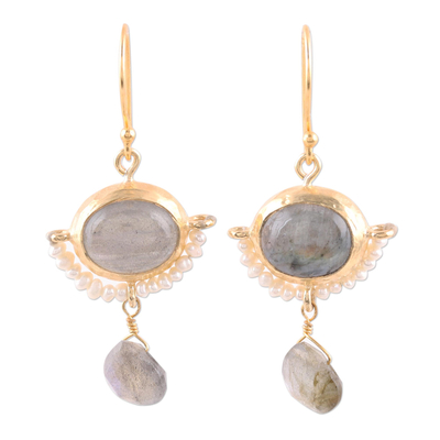 22k Gold Plated Cultured Pearl and Labradorite Earrings