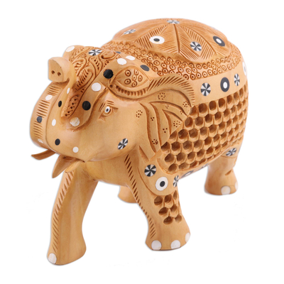 Hand-Carved Wood Elephant with Baby Figurine from India