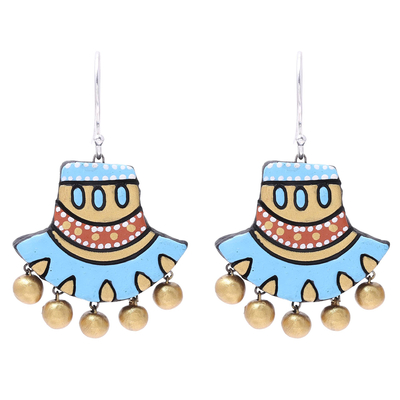 Hand-Painted Sky Blue and Golden Ceramic Dangle Earrings
