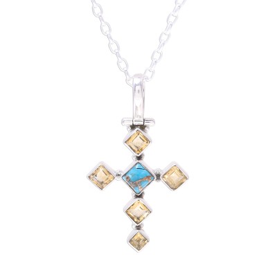 Citrine and Composite Turquoise Cross Pendant Necklace