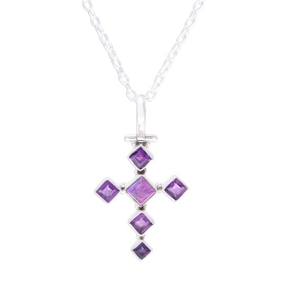 Amethyst and Composite Turquoise Cross Pendant Necklace