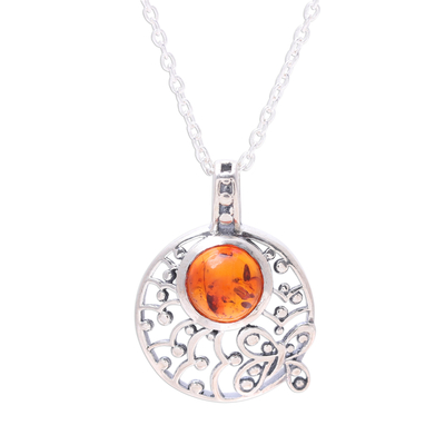 Sterling Silver and Amber Round Butterfly Pendant Necklace