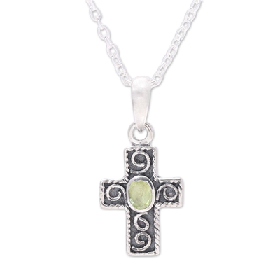Sterling Silver and Green Peridot Cross Pendant Necklace
