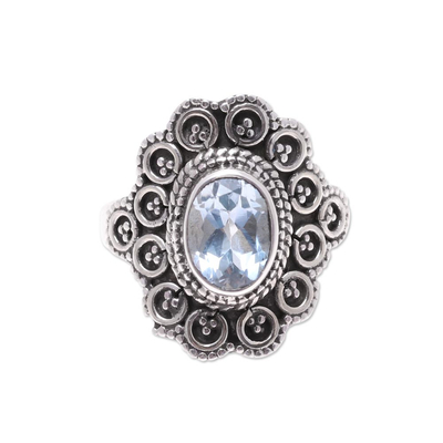 Sterling Silver and Blue Topaz Floral Dotted Cocktail Ring