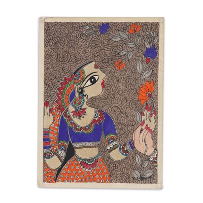 Madhubani Painting of a Woman with Flowers from India