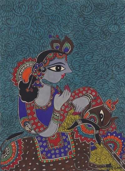 Madhubani Painting of Hindu God Krishna from India
