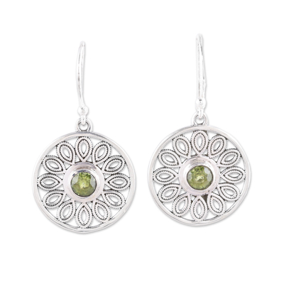 Peridot and Sterling Silver Flower Circle Dangle Earrings