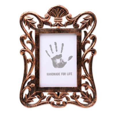 Copper-Colored Carved Rustic Mango Wood Photo Frame