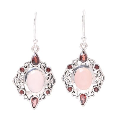 Garnet and Rose Quartz Dangle Earrings from India