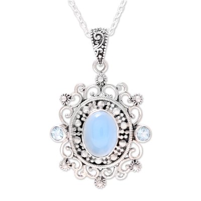 Blue Topaz and Chalcedony Pendant Necklace from India