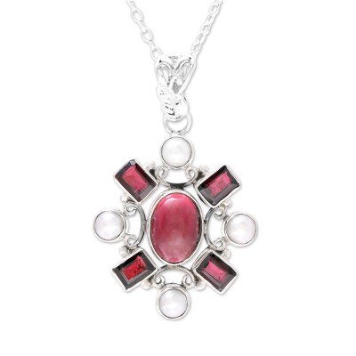 Garnet and Cultured Pearl Pendant Necklace from India