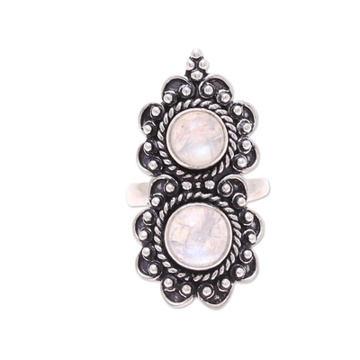Two-Stone Rainbow Moonstone Cocktail Ring from India