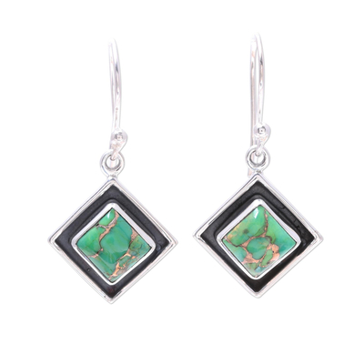 Green Composite Turquoise and Silver Dangle Earrings