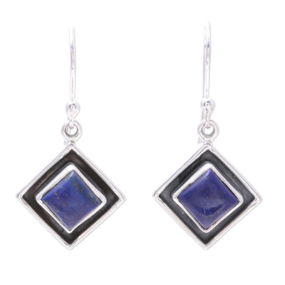 Blue Lapis Lazuli Square Dangle Earrings from India