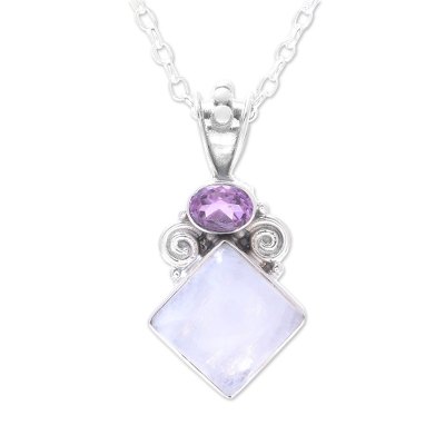 Rainbow Moonstone and Amethyst Pendant Necklace from India