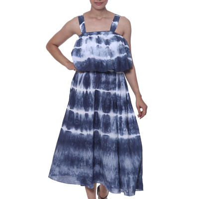 Tie-Dyed Striped Cotton Dress in Navy from India