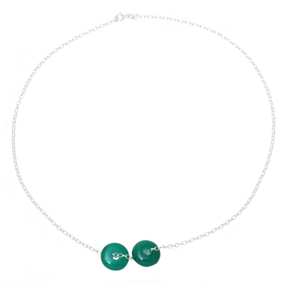Green Onyx Double Disc and Sterling Silver Pendant Necklace