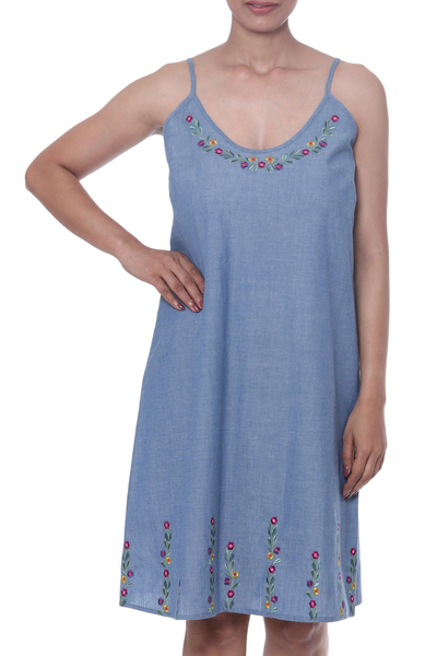 Blue Cotton Embroidered Floral Casual Sundress from India