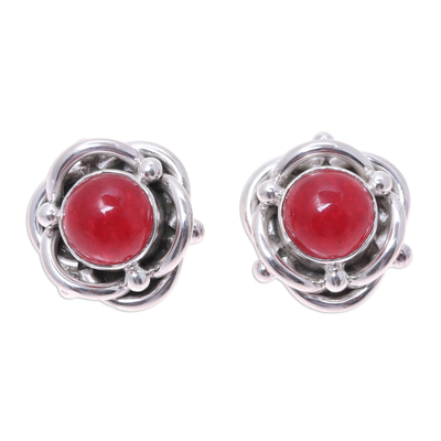 Sterling Silver and Red Jasper Button Earrings from India
