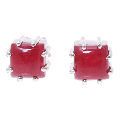 Red Jasper and Sterling Silver Button Earrings from India