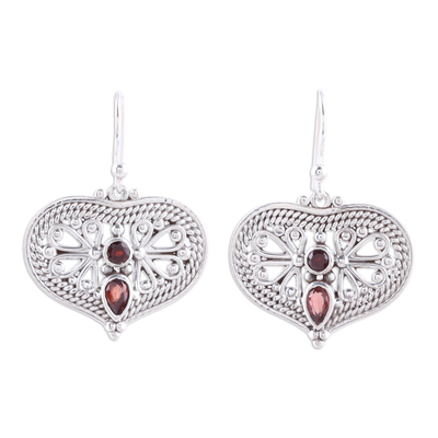 Garnet and Sterling Silver Heart Shaped Dangle Earrings