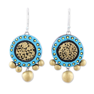 Handcrafted Blue and Gold Ceramic Circle Dangle Earrings