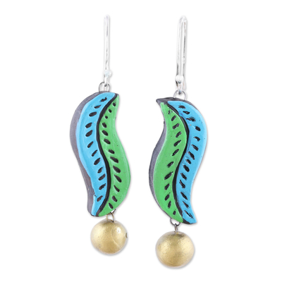 Handcrafted Blue and Green Ceramic Leaf Dangle Earrings