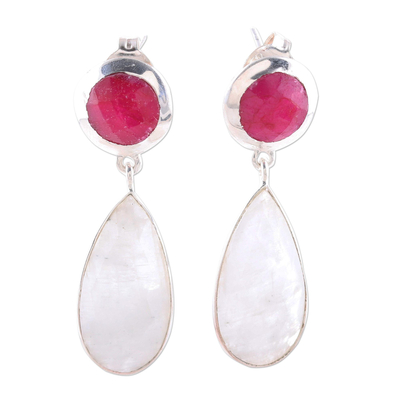 Rainbow Moonstone and Ruby Sterling Silver Dangle Earrings