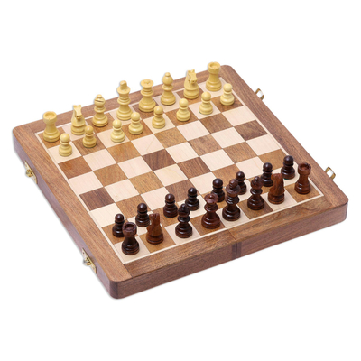 Wood Travel Chess Set with Board Folding into Storage Case