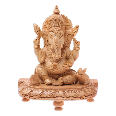 Hand-Carved Hindu Lord Ganesha Kadam Wood Sculpture