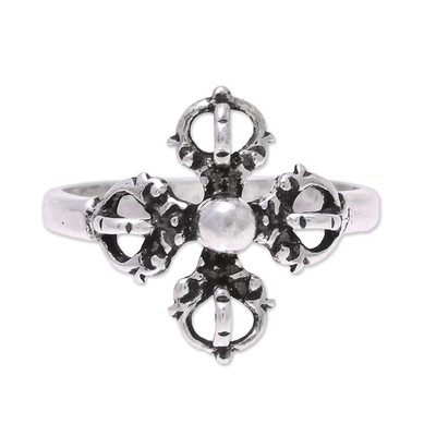 Sterling Silver Openwork and Dot Motif Flower Cocktail Ring