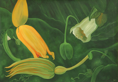 Signed Nature-Themed Painting of Flowers from India